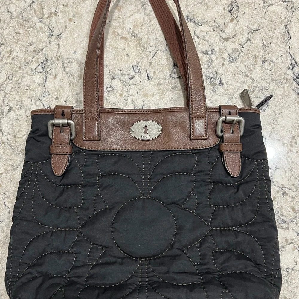 Fossil Black and Brown Quilted Tote with Leather Accents